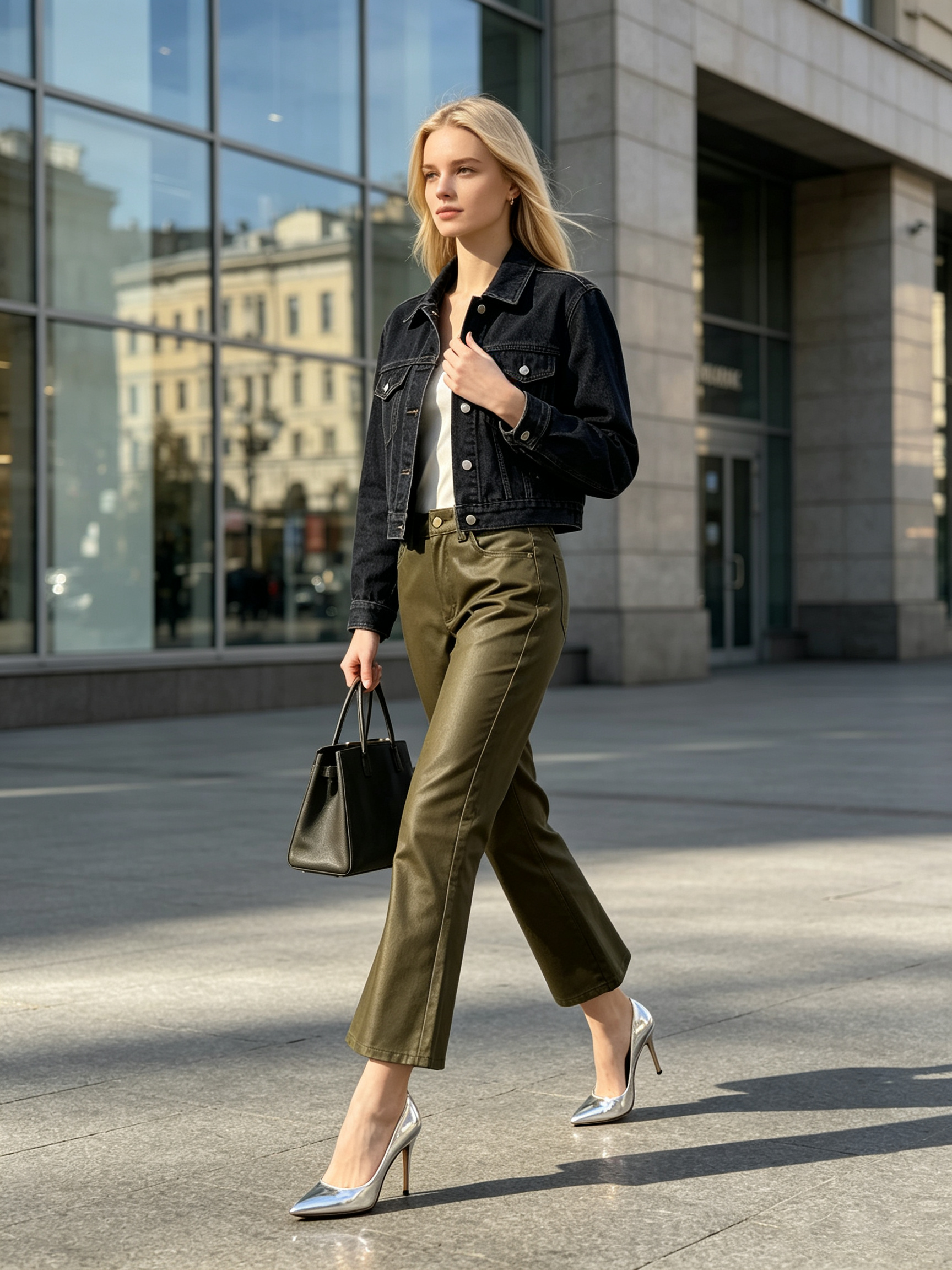Retro‑Autumn Vibe, Women’s Olive‑Green Denim‑Leather‑Look High‑Waist Button‑Fly Flare Trousers