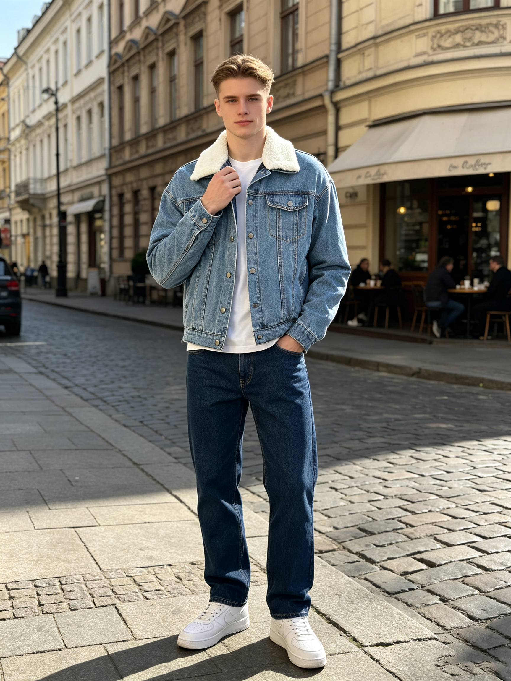 American‑Western Retro Vibe, Men’s Western‑Style Faux‑Shearling‑Collar Washed Denim Jacket