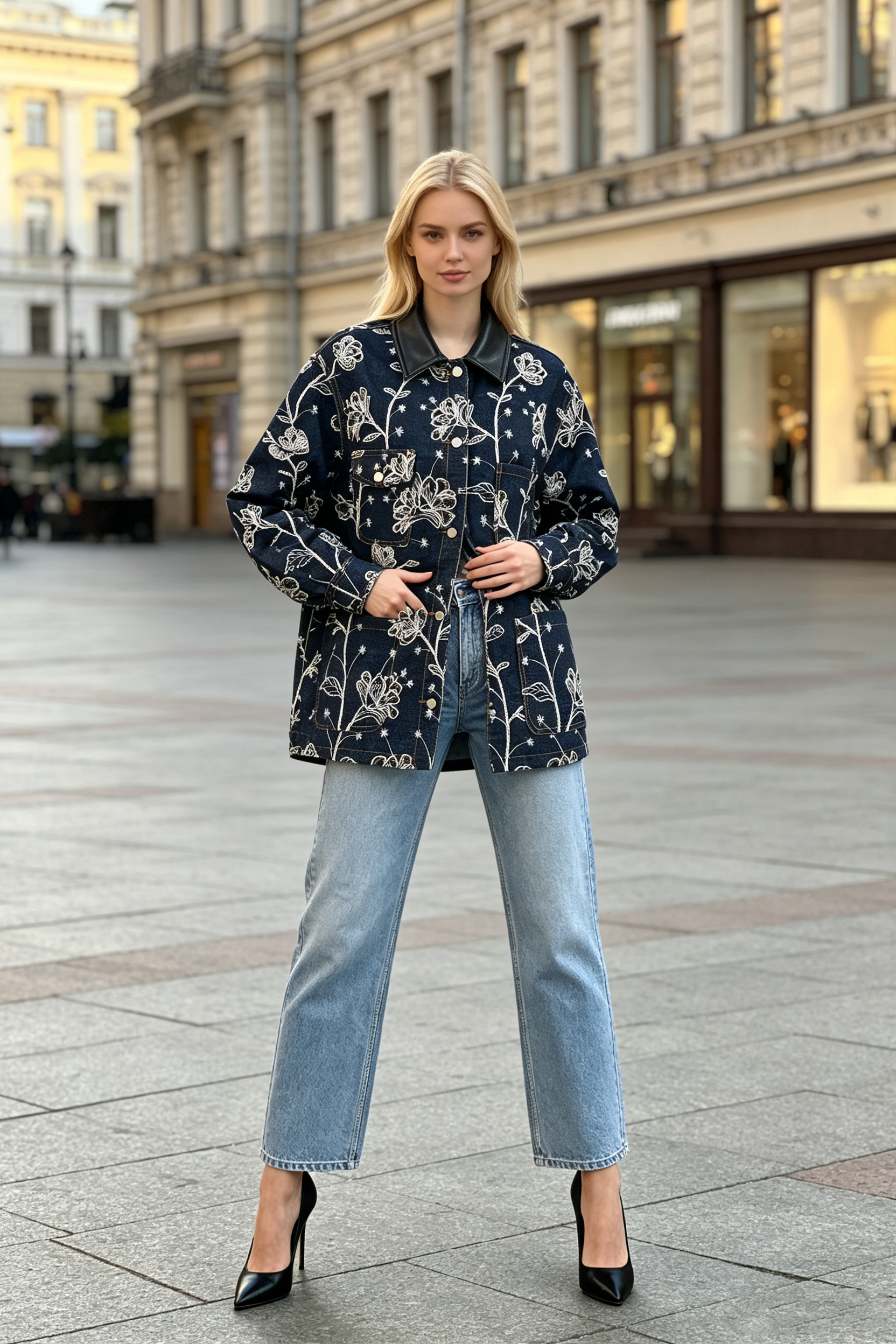 Retro‑Resort Vibe, Women’s Navy‑Blue All‑Over Tropical‑Floral PU‑Spliced Turn‑Down‑Collar Loose Denim Jacket