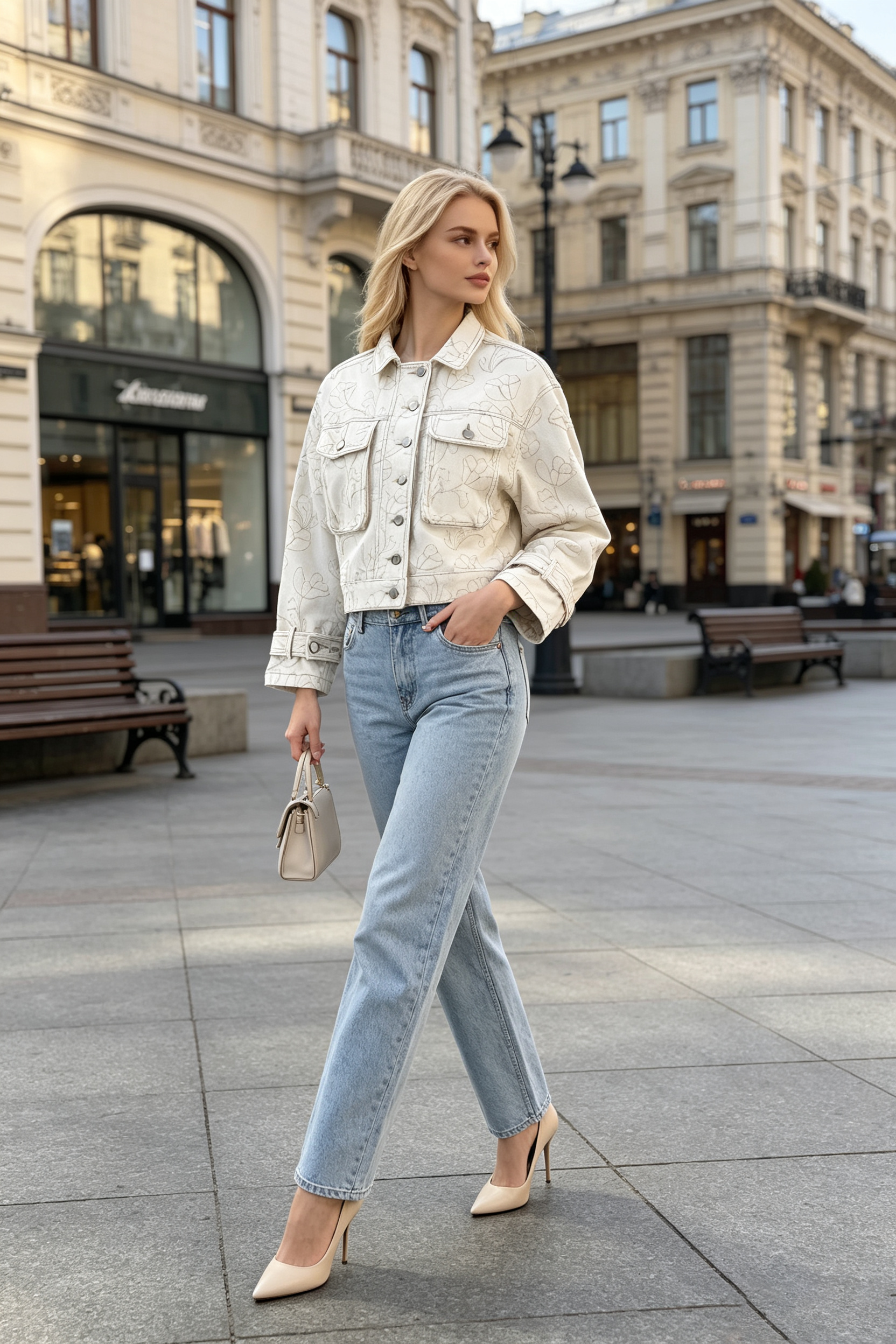 Gentle‑Luxury Relaxed Vibe, Women’s White Tweed‑Inspired Long‑Sleeve Stretch Cropped Denim Jacket