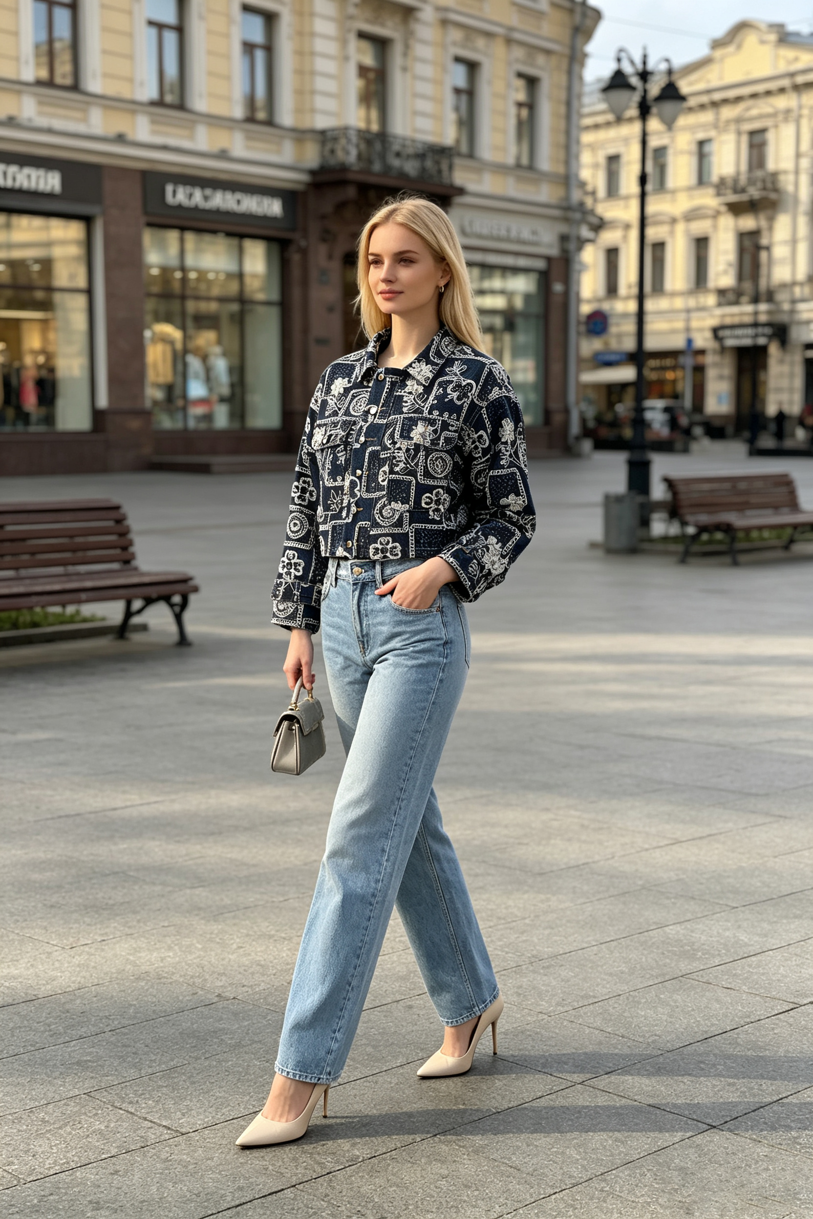 Retro‑Street Artistic Vibe, Women’s Dark‑Blue Floral‑Graffiti‑Print Cropped Washed Denim Jacket