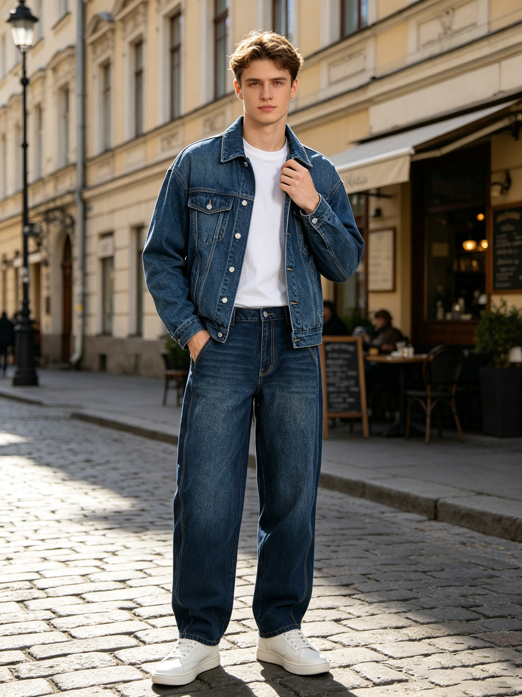 American High‑Street Relaxed Vibe, Men’s Vintage‑Washed Slub‑Texture Scimitar Barrel Wide‑Leg Jeans