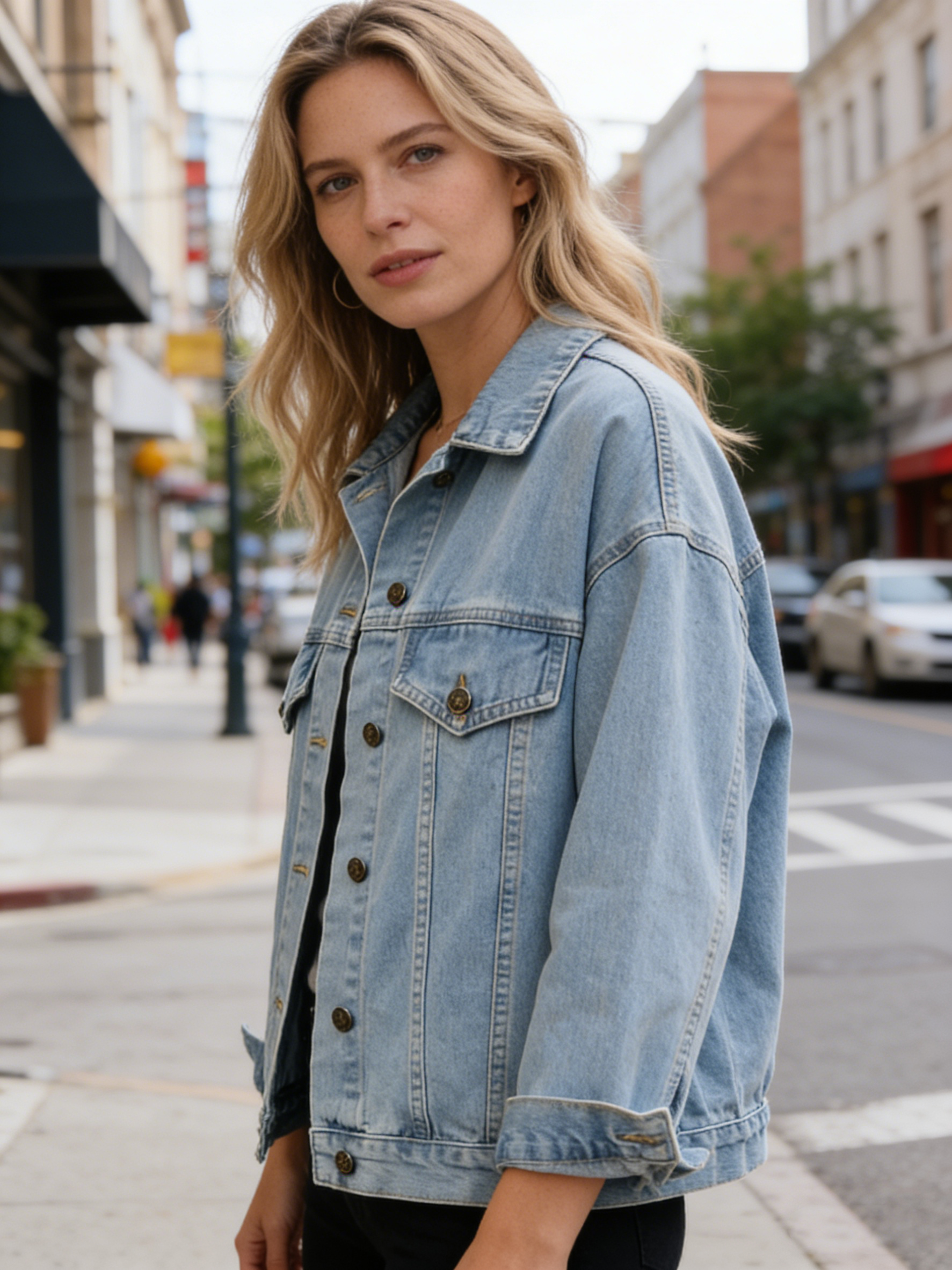 Custom Women's Oversized Vintage Denim Jacket Long Sleeve Cropped Coat with Fringe Sequin Embroidered Design