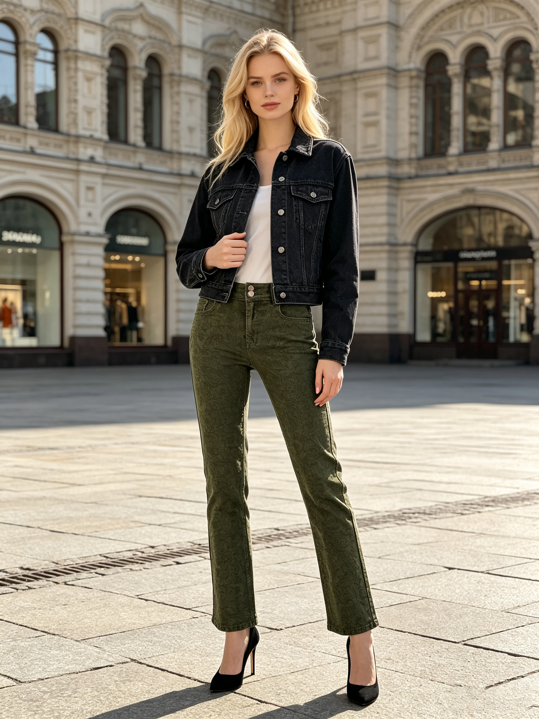 Retro‑Street Commuter Vibe, Women’s Retro‑Green Mid‑Rise High‑Stretch Jacquard Bootcut Flare Jeans