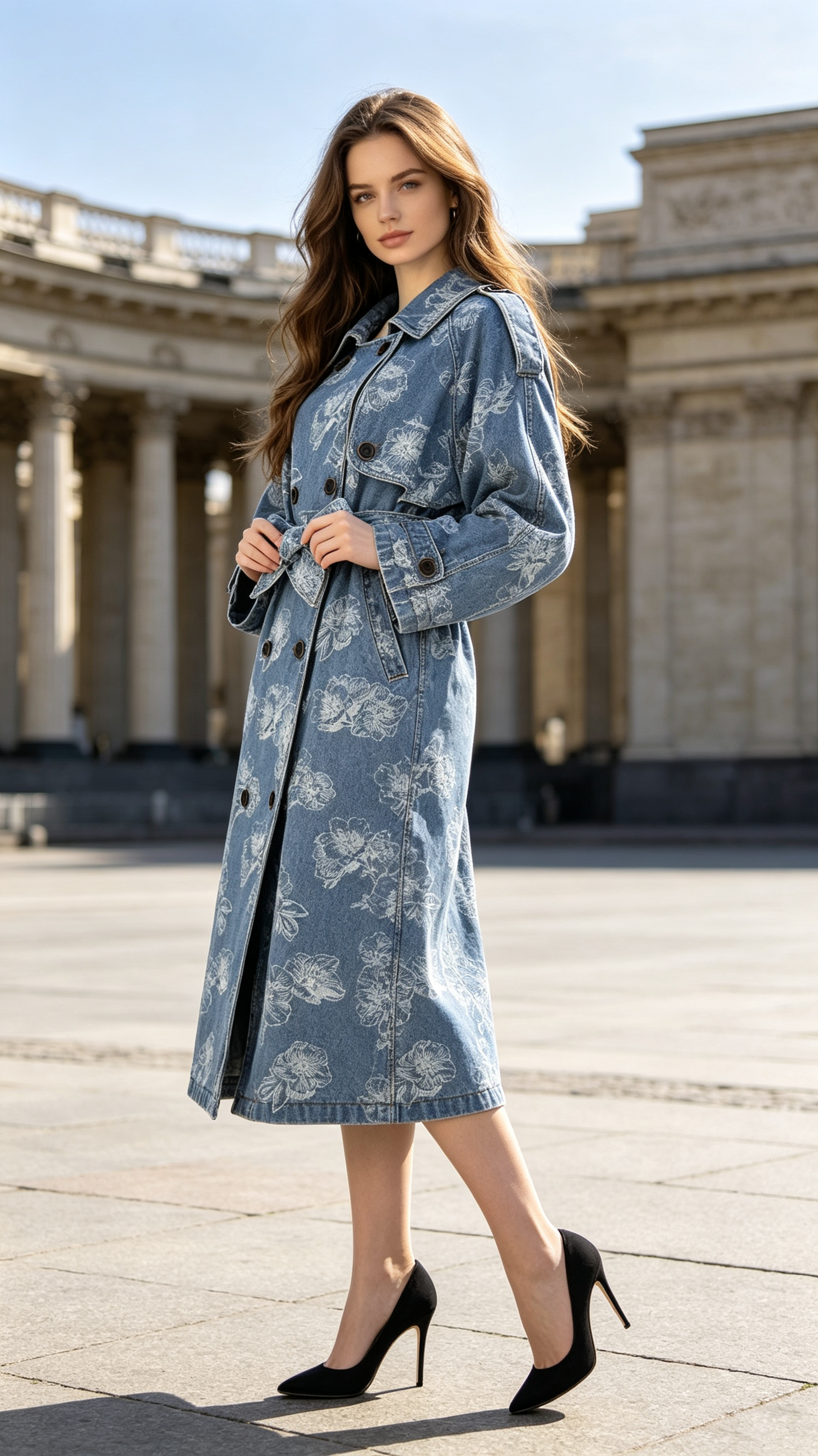 Urban‑Romantic Relaxed Vibe, Women’s Blue Heavy‑Weight Cotton Floral‑Print X‑Long Belted Denim Jacket