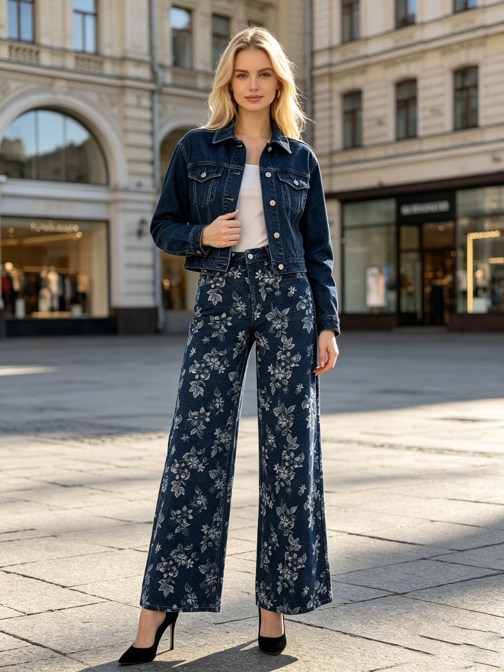 Spring Printed Street‑Style, Women’s Vintage Light‑Wash All‑Over‑Floral Stretch Wide‑Leg Denim Jeans