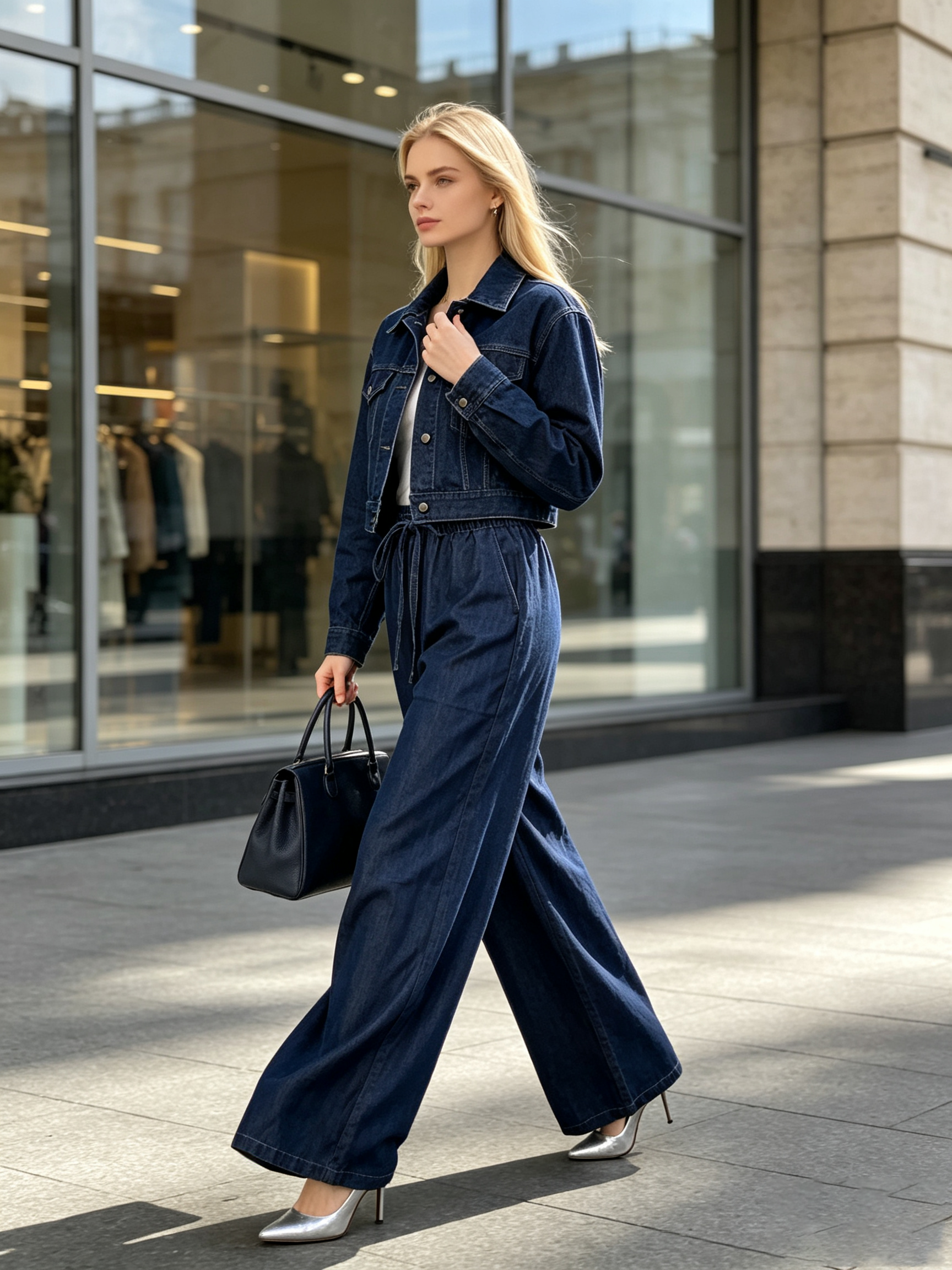 Effortless Retro‑Relaxed Vibe, Women’s Vintage‑Blue High‑Waist Elastic‑Drawstring Wide‑Leg Denim Jeans