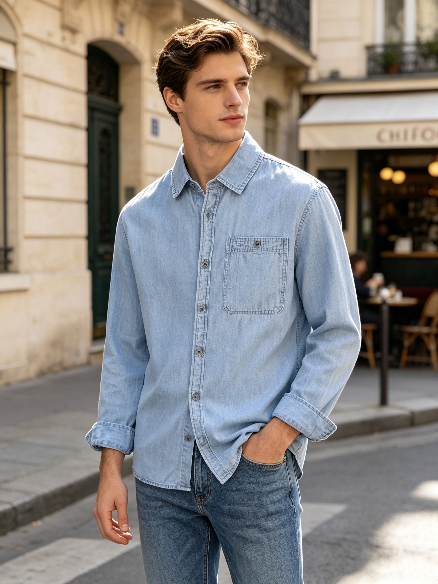 Medium Wash Thin Slim Fit Long Sleeve Denim Shirts, Men Spring Casual Pocket Decor Outerwear Custom Wholesale