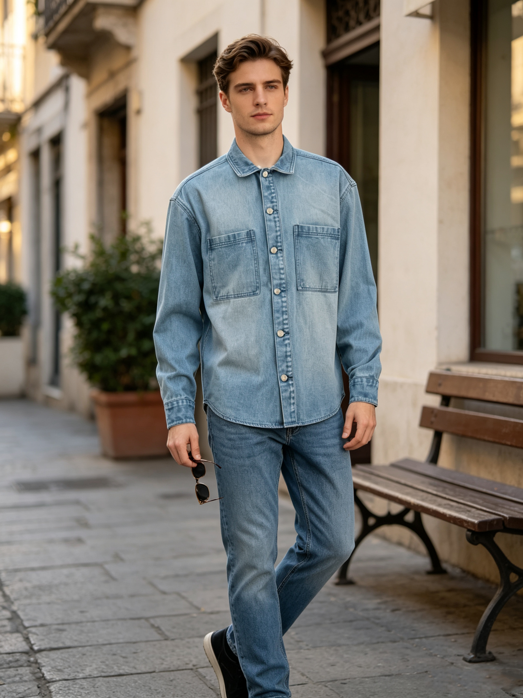 Eco Friendly Reversible Vintage Denim Shacket, Men Fall Windproof Button Down Long Sleeve Shirt Jacket With Chest Pockets Wholesale