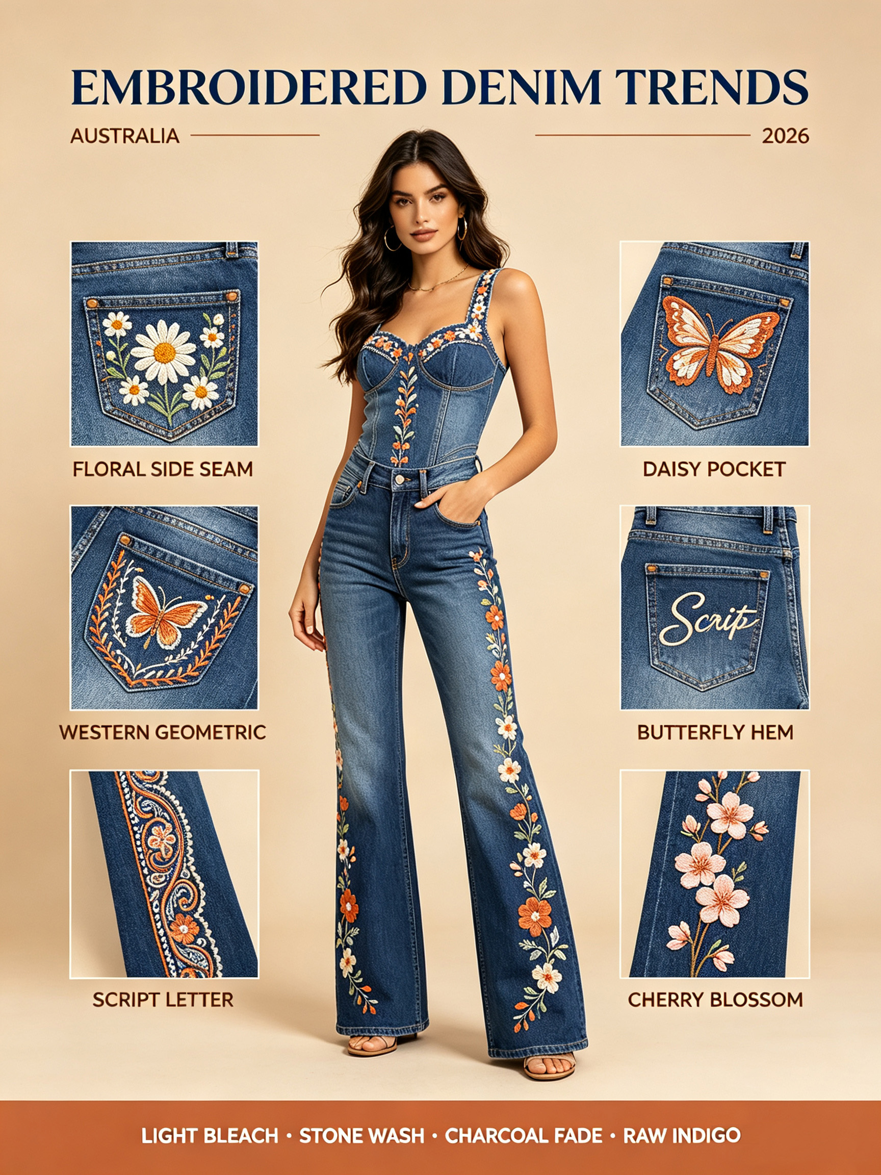 2026 Australian popular women's style denim pants with embroidered patterns