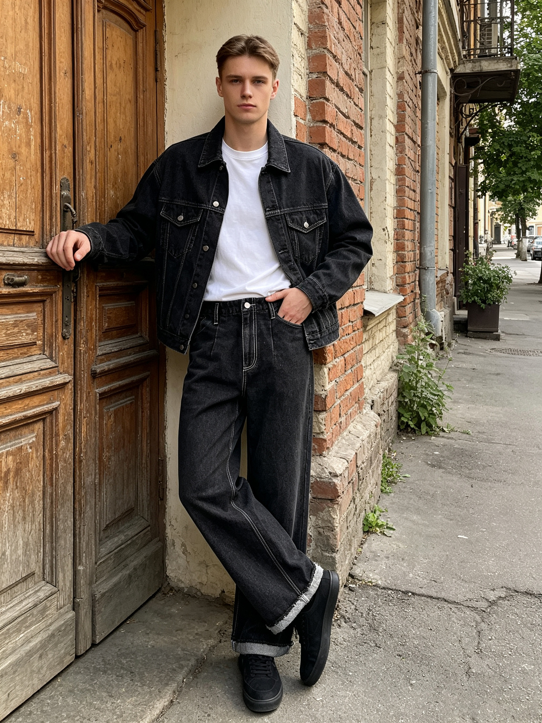 Dark‑Tone Retro Edge, Men’s Vintage Distressed High‑Waist Wide‑Leg 100% Cotton Jeans