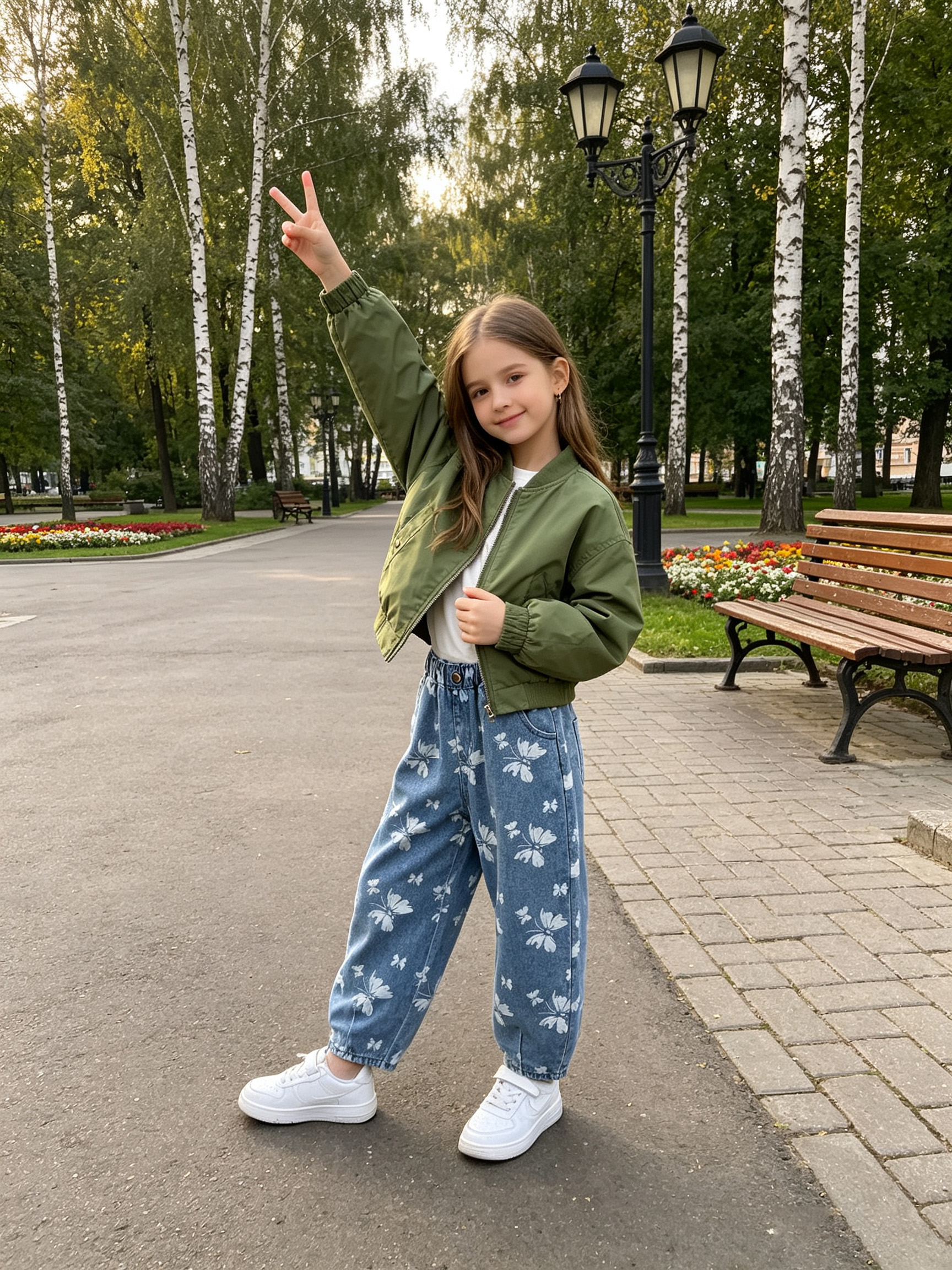 Playful Floral Charm, Girls’ High‑Waist Loose‑Fit Boot‑Cut Denim Jeans