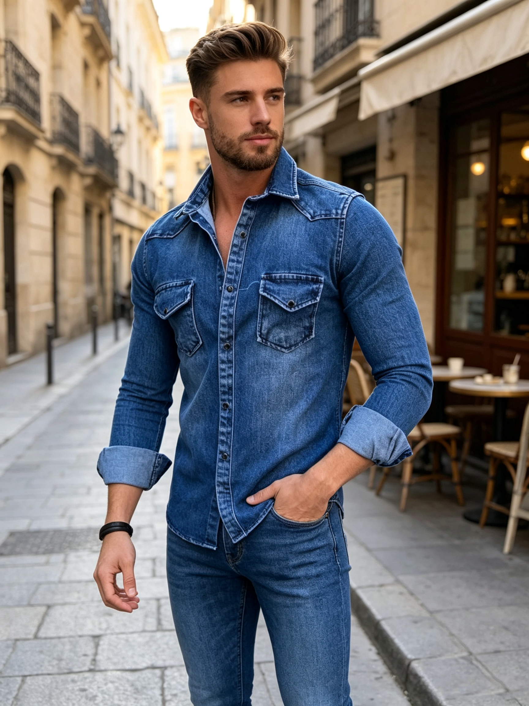 Wrinkle Resistant Western Slim Fit Denim Shirts, Multi Pocket Plus Size Men Cotton Shacket Wholesale