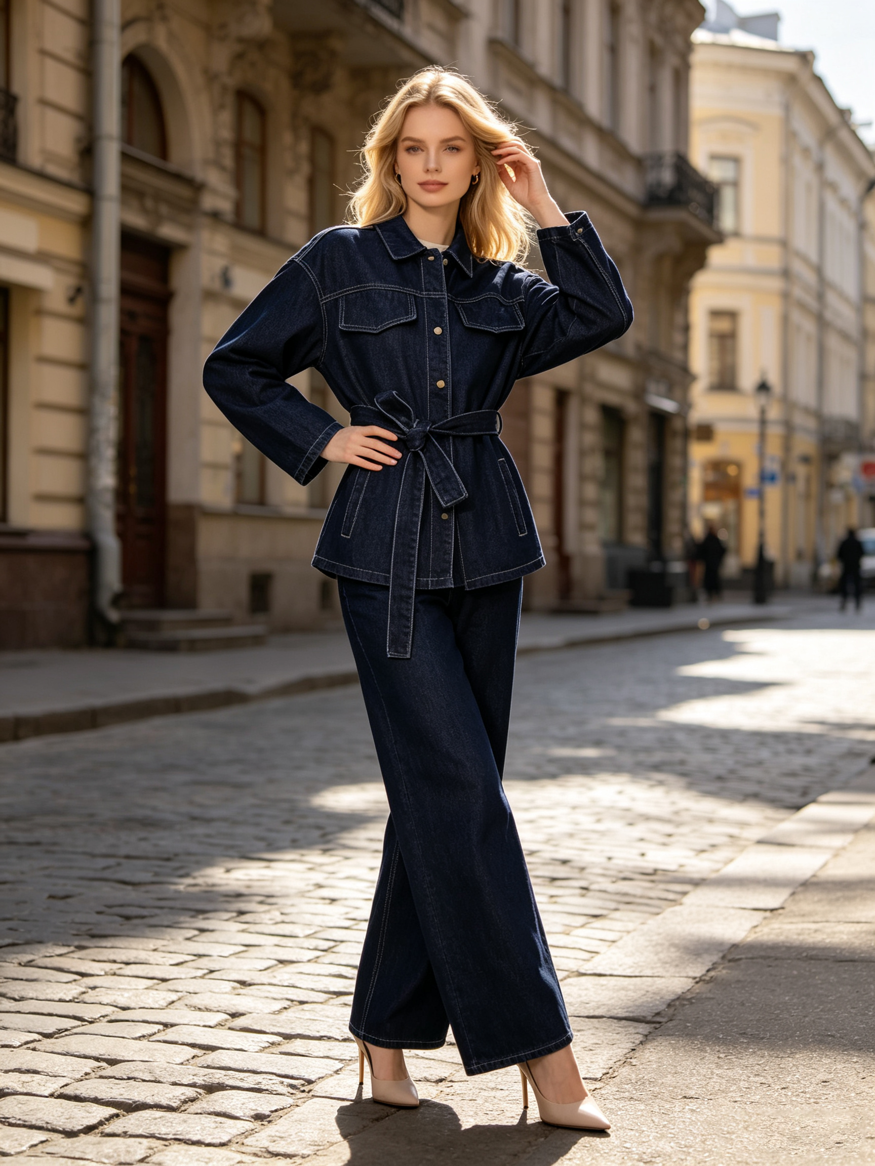 Vintage‑Relaxed Vibe, Women’s Decorative‑Topstitching Belted Collared Loose‑Fit Wrinkle‑Resistant Denim Shacket Set