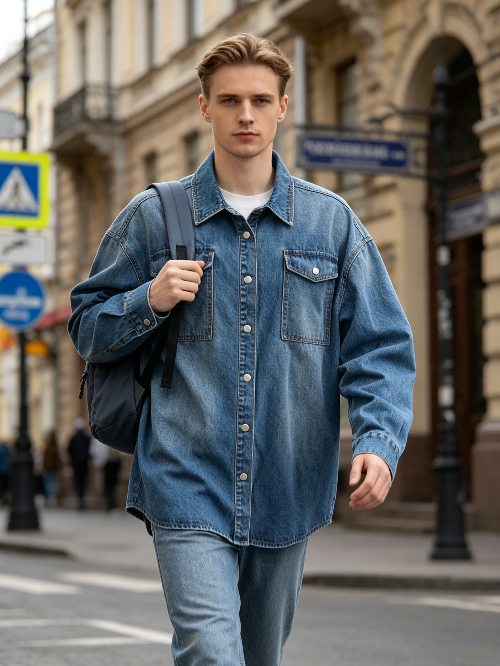 Street‑Outdoor Relaxed Vibe, Men’s Washed‑Blue Oversized Street‑Wear Denim Jacket With Front Pockets