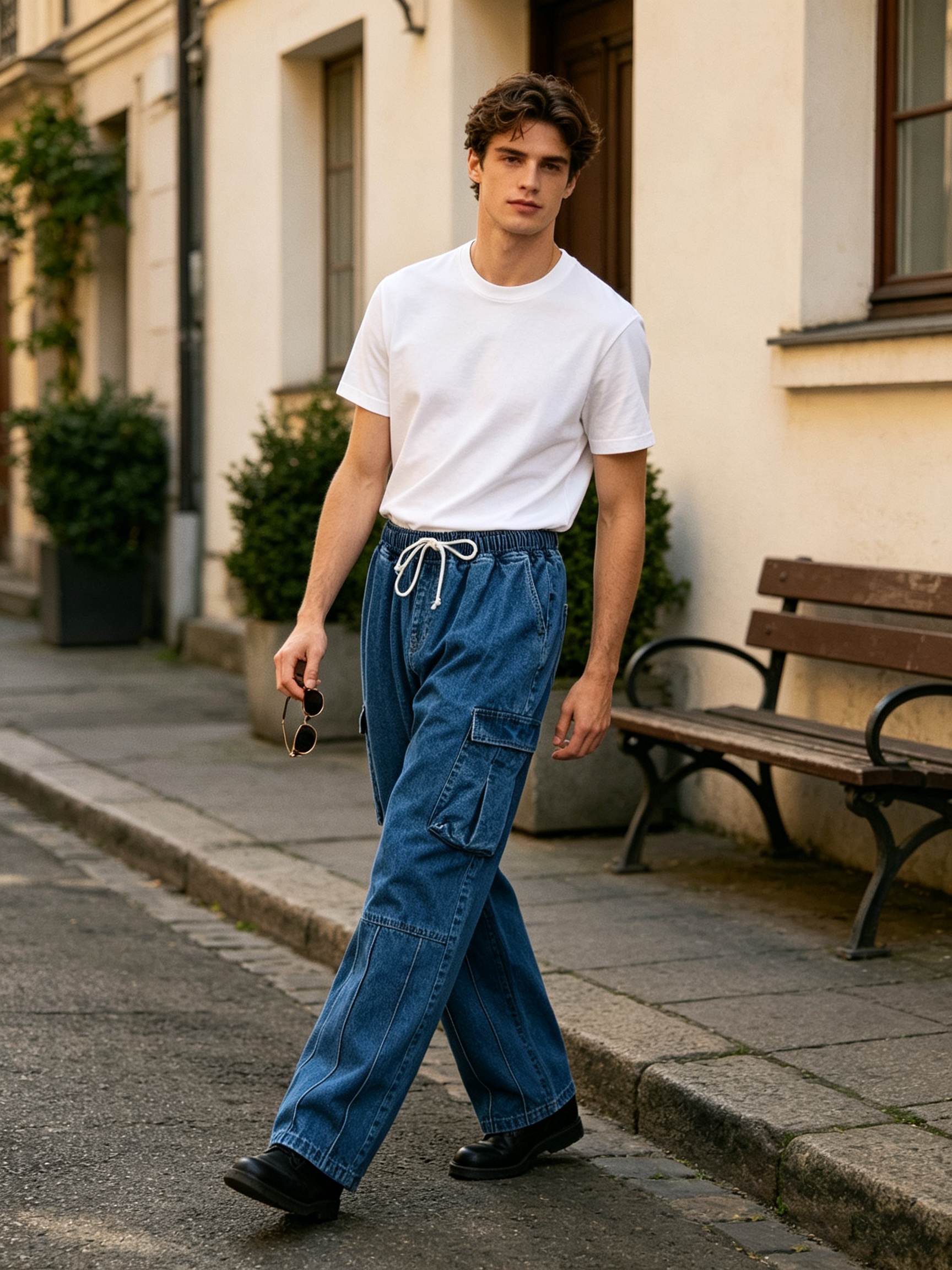 Casual Elastic Waist Loose Straight-leg Silhouette Drawstring Closure Men's Gradient Workwear Jeans