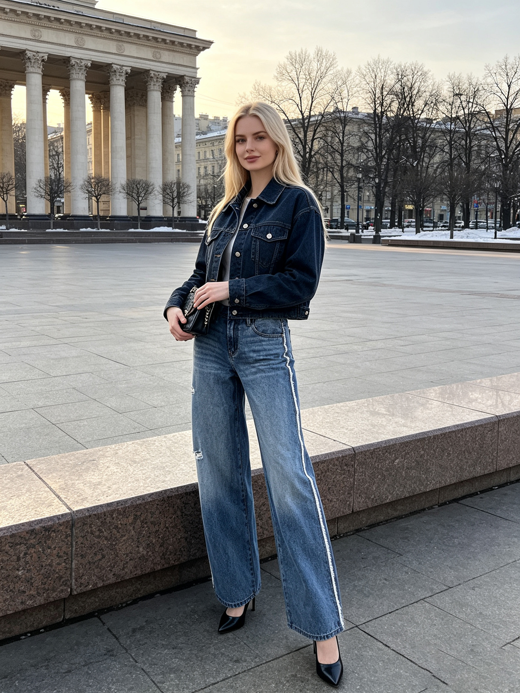 Spring Retro‑Street Vibe, Women’s Light‑Wash Floral‑Print Wide‑Leg Denim Jeans With Frayed Trim