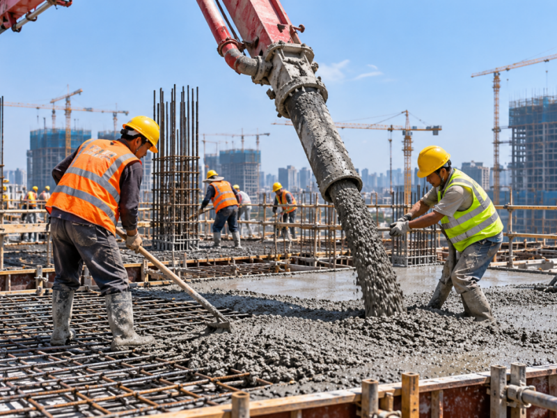 Penuangan Beton pada Puncak Panas Musim Panas Sedang Diproses dengan Mesin Es Industri Alih-alih Air Dingin