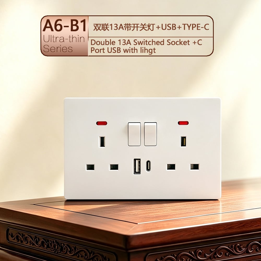 Διπλή πρίζα B1 13 A, διακοπτόμενη, με θύρα USB-C και φωτισμό