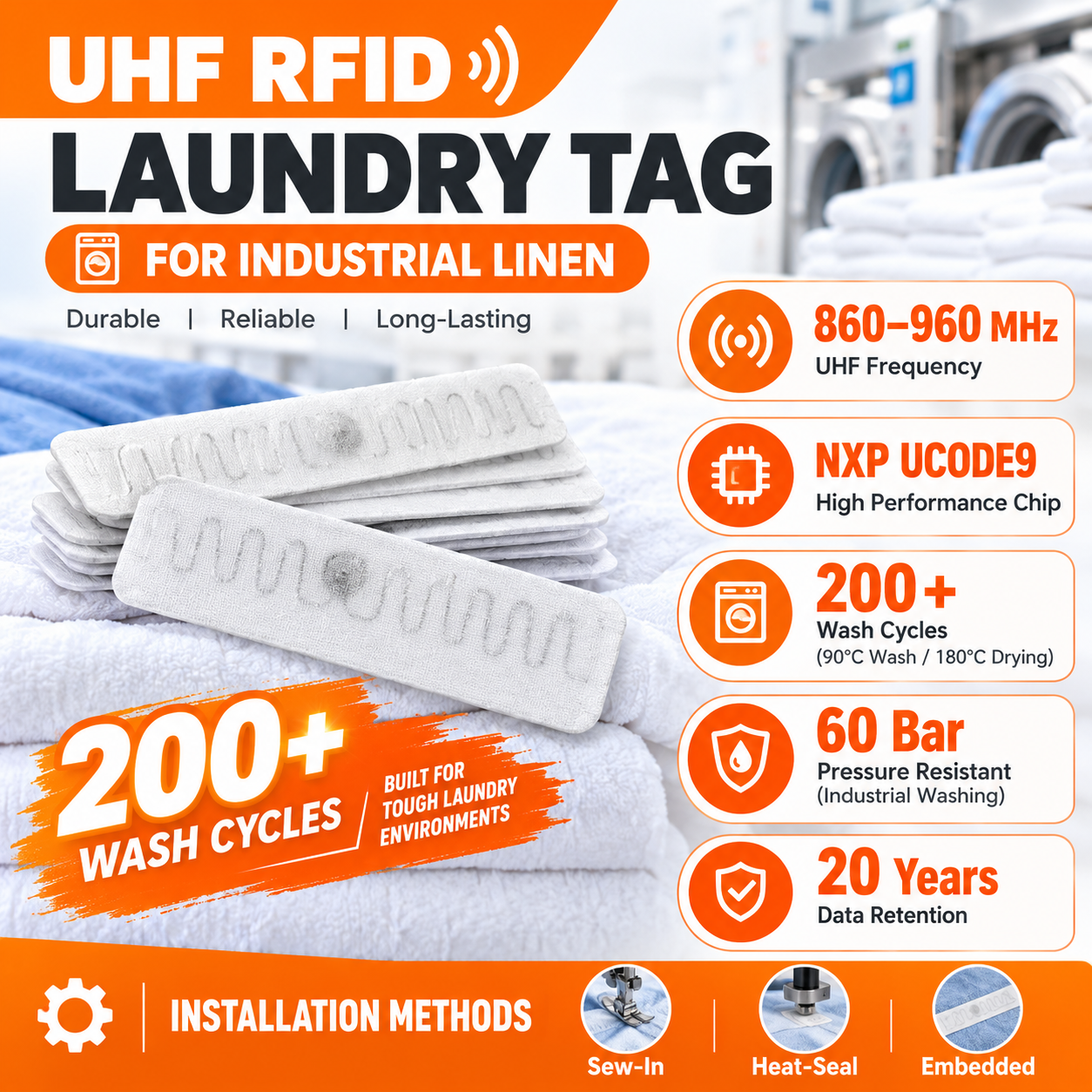 M730 M830 Chip 860-960mhz EPC Gen2 ISO18000-6C UHF Linen Tags Textile RFID Laundry Tags 