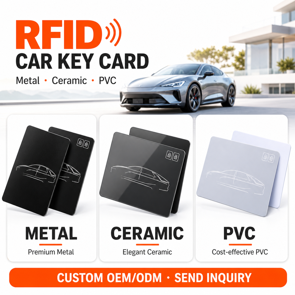 Card metalic RFID cu frecvență înaltă (HF), conform standardului ISO14443A, 13,56 MHz, NFC, MIFARE DESFire, carduri metalice sau ceramice pentru chei auto, OEM și ODM