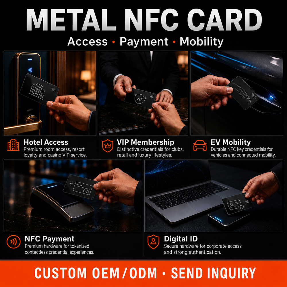 Card metalic RFID cu frecvență înaltă (HF), conform standardului ISO14443A, 13,56 MHz, NFC, MIFARE DESFire, carduri metalice sau ceramice pentru chei auto, OEM și ODM