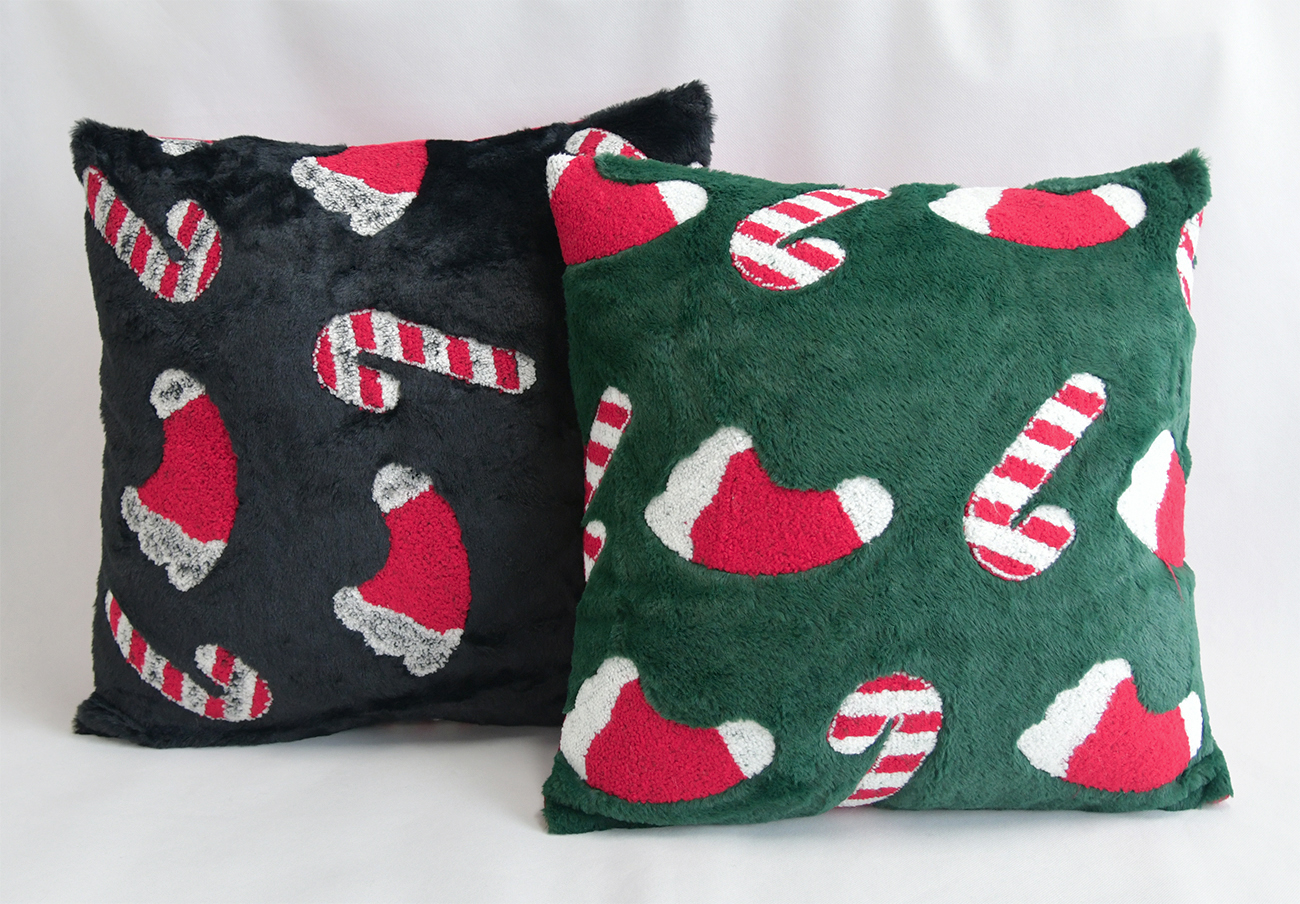 **Christmas Plush Throw Pillow Cover, Tufted Candy Cane & Xmas Stocking Pattern Soft Faux Fur Cushion Case for Holiday Home Decor**

>