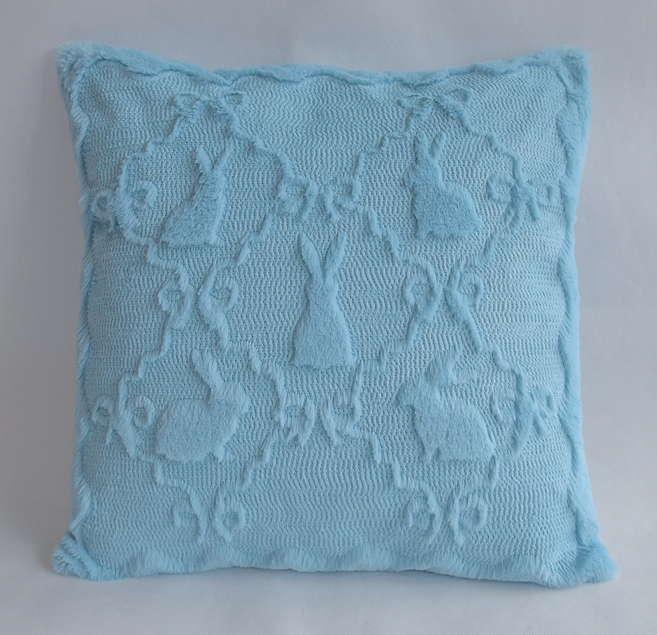 Funda de coixí de felpa amb estampa de conill i flors blaves clares, funda decorativa per a coixí de llana tou i esponjosa amb vores festonejades, per a sofà, dormitori o decoració d’interiors