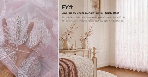 Foulola: FY# – Embroidery Sheer Curtain Fabric – Pinnate Leaf with Fishbone Vein Line-Drawing, Scalloped Lace & Scroll Hem, 280CM Width, 2 Colours in Stock (Cream / Dusty Rose) – Ideal for Wedding Rooms.