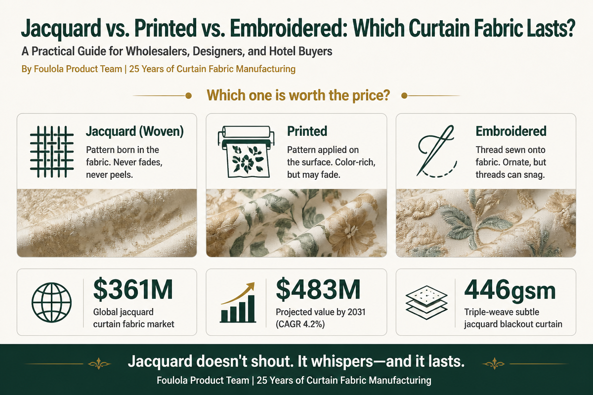 Infographic: Comparing jacquard, printed, and embroidered curtain fabrics. Shows how each technique affects durability, handfeel, and perceived quality, with market data and a product example for wholesalers, designers, and hotel buyers.