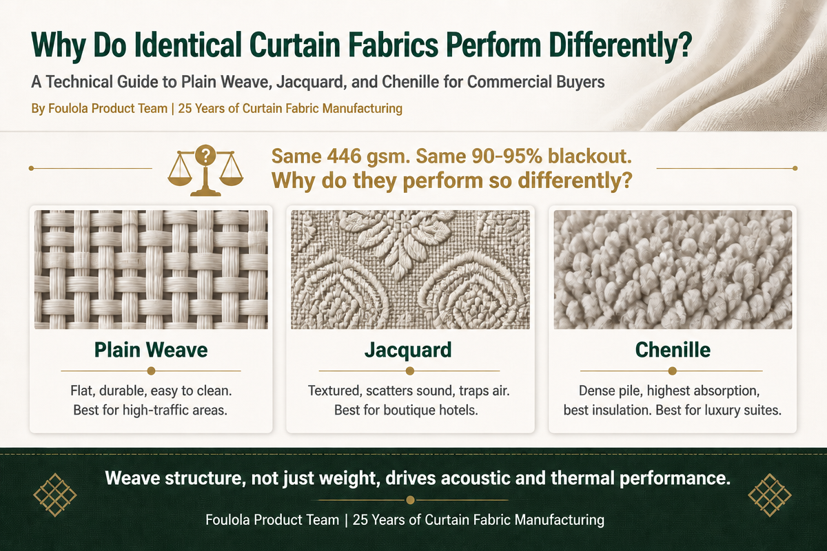Infographic: Technical comparison of plain weave, jacquard, and chenille curtain fabrics, showing how weave structure affects acoustic absorption, thermal insulation, and commercial durability for hotel and project buyers.