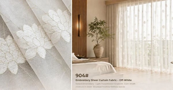 Foulola:904# – Embroidery Sheer Curtain Fabric – Raised Multi-Layered Blossom & Vine Embroidery, Light-Transmission Gradient, 320CM Width, 3 Colours – Ideal for Boutique Hotels, Wellness Spaces & Living Rooms
