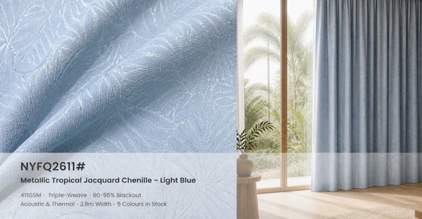 Foulola: NYFQ2611# – Metallic Tropical Rainforest Jacquard Chenille 90-95% Blackout Curtain & Fabric – 411GSM Triple-Weave, Acoustic & Thermal, Soft Drape, 280CM Width, 5 Colours – Ideal for Hotels & Luxury Resorts
