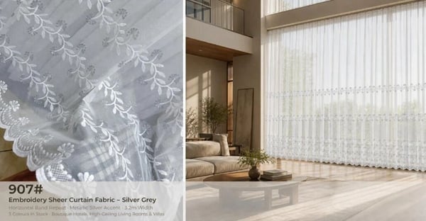 Foulola:907# – Embroidery Sheer Curtain Fabric – Horizontal Band Pinnate Leaf & Radiant Tufted Blossom, Metallic Silver Accent, 320CM Width, 3 Colours – Ideal for Boutique Hotels, Wellness Spaces, High-Ceiling Living Rooms & Villas