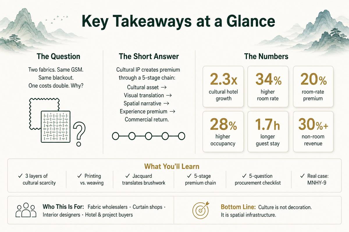 Infographic: Why two visually identical curtain fabrics can differ by double in price—showing the cultural IP premium chain, hotel rate data, printing vs. weaving, and a 5-question procurement checklist for cultural IP curtains.