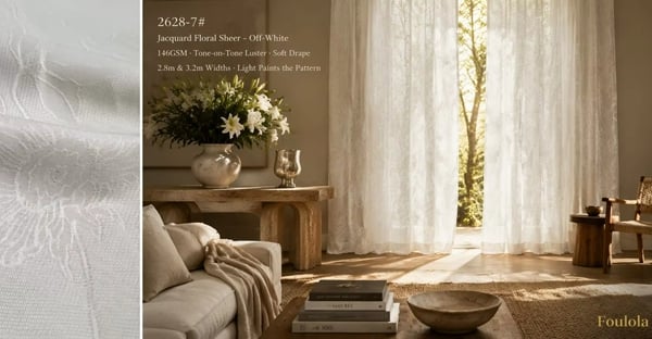 Foulola:2628# – Jacquard Line-Drawn Floral Sheer Curtain – 146GSM, Tone-on-Tone Luster, Soft Drape, 280CM & 320CM Widths, Off-White in Stock, A-Class Compliant