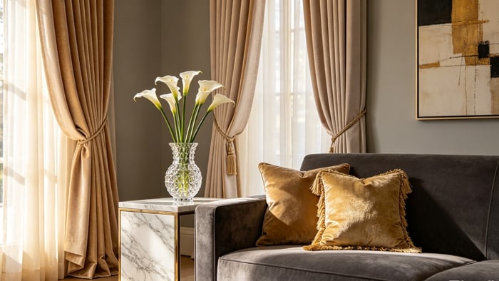 Elegant Bedroom Scene featuring Foulola #2613 Chenille Blackout Curtains with Sound and Thermal Insulation