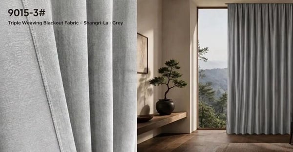 Foulola: XXLL 9015#  Linen-Texture Blackout Curtain & Fabric – Plain Weave Matte Linen Texture Face / Reverse Different, Triple Weaving, Physical Blackout 90–95%, 428GSM, Sound & Heat Insulation, 280CM & 335CM Width, 6 Colours in Stock .