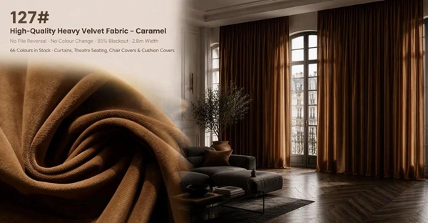Foulola:127# – High-Quality Heavy Velvet Fabric – 410GSM, No Pile Reversal, No Colour Change When Touched, Black Yarn Backing, 85% Blackout, 280CM Width, 66 Colours in Stock – Ideal for Curtains, Theatre Seating, Cinema Seats, Chair Covers, Cushion Covers