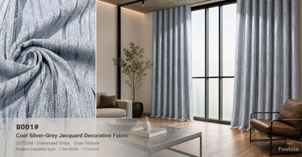 Foulola: 8001# – Cool Silver-Grey Jacquard Decorative Fabric – Distressed Stripe Pattern, Dual-Texture Finish, 257GSM, 280CM Width, 3 Colours – Ideal for Modern Living Rooms, Offices & Boutique Hotels