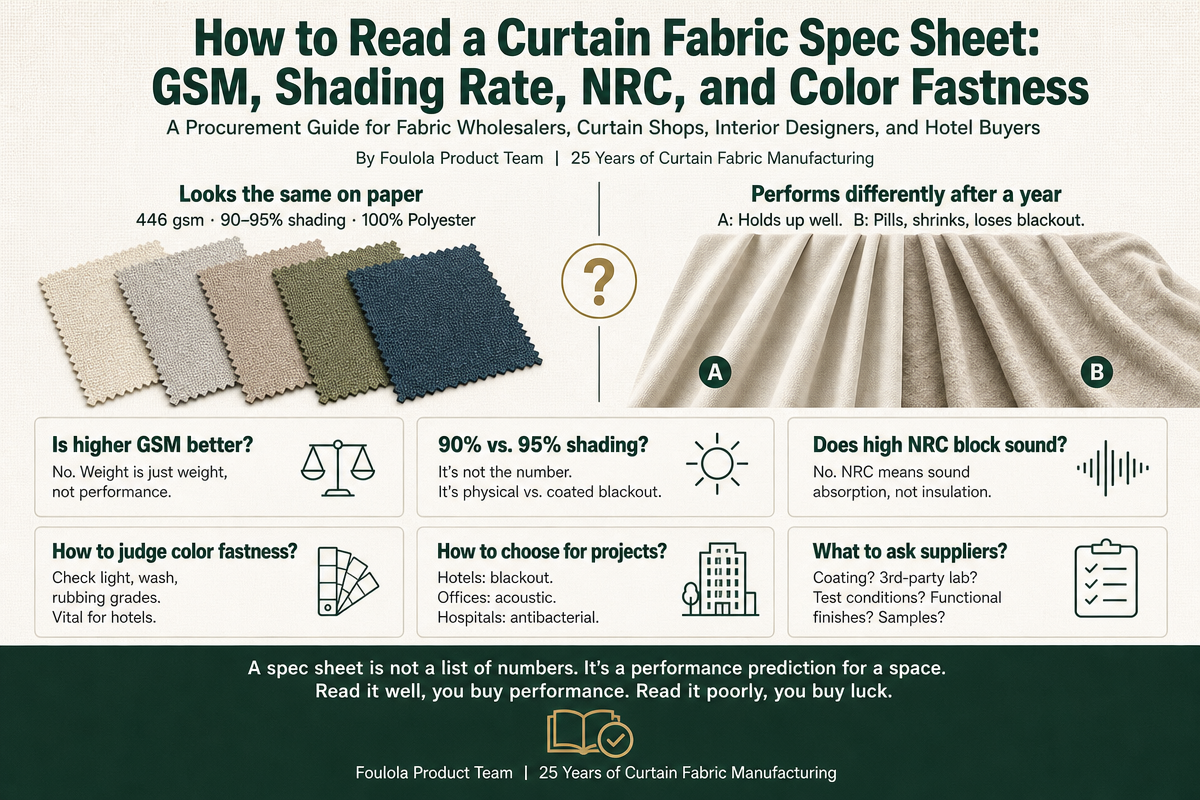 Infographic: How to read a curtain fabric spec sheet, comparing GSM, shading rate, NRC, color fastness, and supplier questions for hotel and commercial buyers.