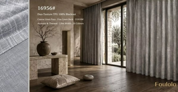 Foulola: 16956# – TPU Laminated 100% Blackout Curtain &  Fabric – Duo-Texture (Coarse Linen Face / Smooth Plain Back), 232GSM, Acoustic & Thermal, 280CM Width, 20 Colours in Stock