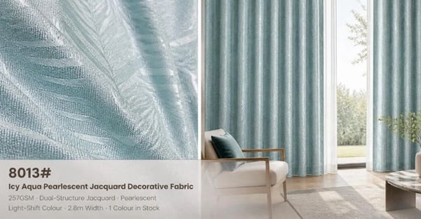 Foulola: 8013# – Icy Aqua Pearlescent Jacquard Decorative Fabric – Matte Rib Base with Satin Float Pattern, 257GSM, 280CM Width – Ideal for Modern Living Rooms, Boutique Hotels & Wellness Spaces