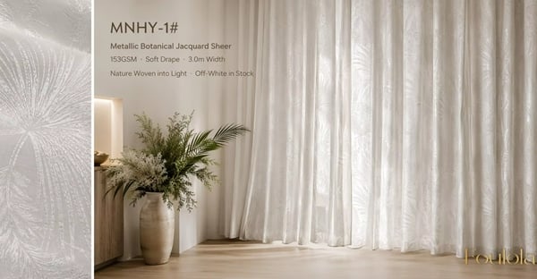 Foulola: MNHY# Metallic Forest Botanical Jacquard Sheer Curtain – 153GSM, Soft Drape, 300CM Width, Off-White & Light Beige & Grey in Stock, A-Class Compliant
