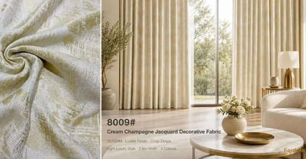 Foulola: 8009# – Cream Champagne Jacquard Decorative Curtain Fabric – Pearl White Base with Champagne Gold Pattern, 257GSM, 280CM Width, 4 Colours – Ideal for Living Rooms, Boutique Hotels & Light Luxury Spaces