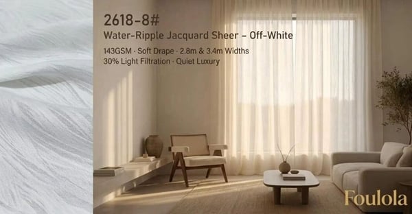 Foulola: 2618# – Water-Ripple Jacquard Sheer Curtain – 143GSM, Soft Drape, 2.8m & 3.4m Widths, Off-White in Stock, A-Class Compliant