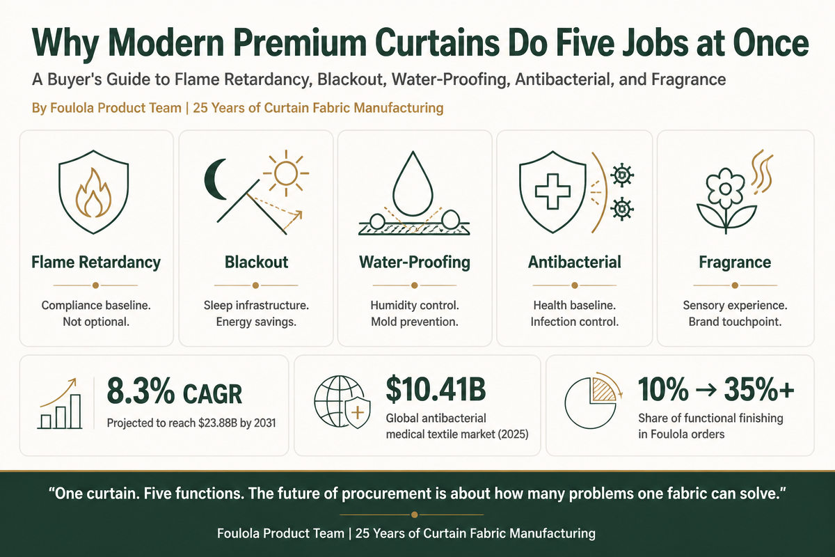 Infographic: The five functions of modern premium curtains—flame retardancy, blackout, water-proofing, antibacterial, and fragrance—with market data and functional finishing insights for wholesalers, designers, and hotel buyers.