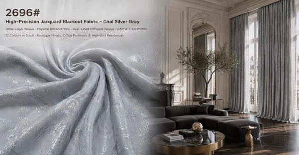 Foulola: CLSY 2696# – High-Precision Jacquard Blackout Fabric – Three-Layer Weave, Physical Blackout 90%, 446GSM, Dual-Sided Different Weave (Satin Face / Herringbone Reverse), A-Class Baby-Safe, Sound & Heat Insulation, 280CM & 320CM Width