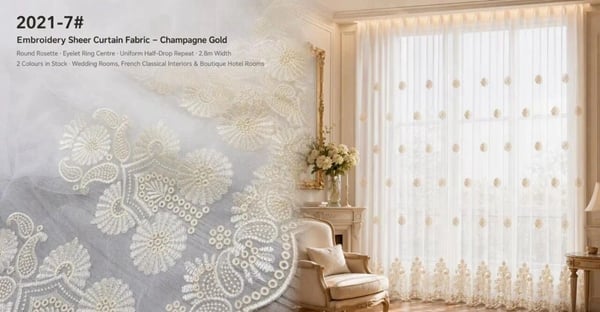 Foulola: 2021-7# – Embroidery Sheer Curtain Fabric – Round Rosette with Radiating Pleats, Eyelet Ring Centre, Uniform Half-Drop Repeat & Scalloped Lace Hem, 280CM Width, 2 Colours in Stock (White / Champagne Gold) – Ideal for Wedding Rooms