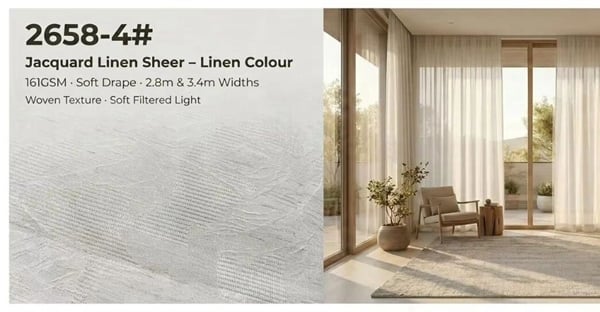 Foulola: 2658# – Jacquard Linen-Style Sheer Curtain – 161GSM, Soft Drape, 280CM & 340CM Widths, Linen Colour in Stock, A-Class Compliant